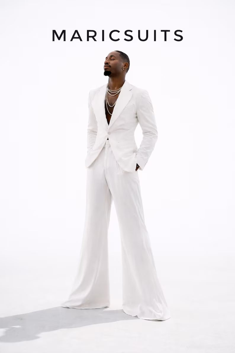 Men's White Wide Leg Suit, Wedding Groom Formal Prom Outfit