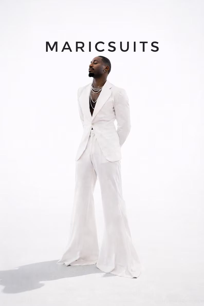 Men's White Wide Leg Suit, Wedding Groom Formal Prom Outfit