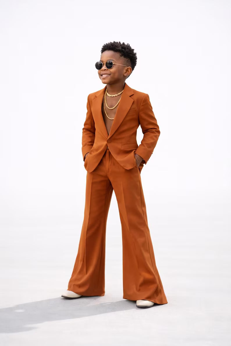 Boys Rust Wide Leg Suit, Kids Wedding Outfit, Retro Formal Party Wear