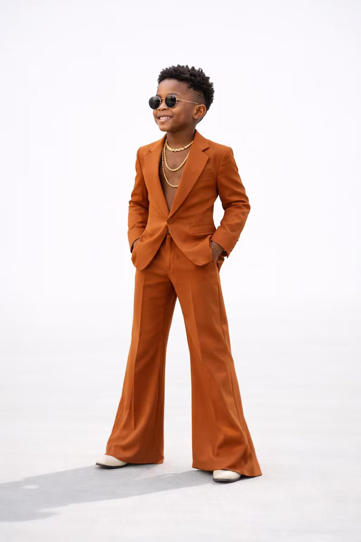 Boys Rust Wide Leg Suit, Kids Wedding Outfit, Retro Formal Party Wear