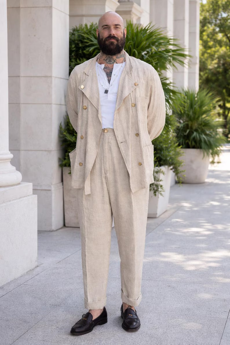 Men's Beige Linen Double Breasted Suit Set – Vintage Style Relaxed Fit Summer Wedding Outfit