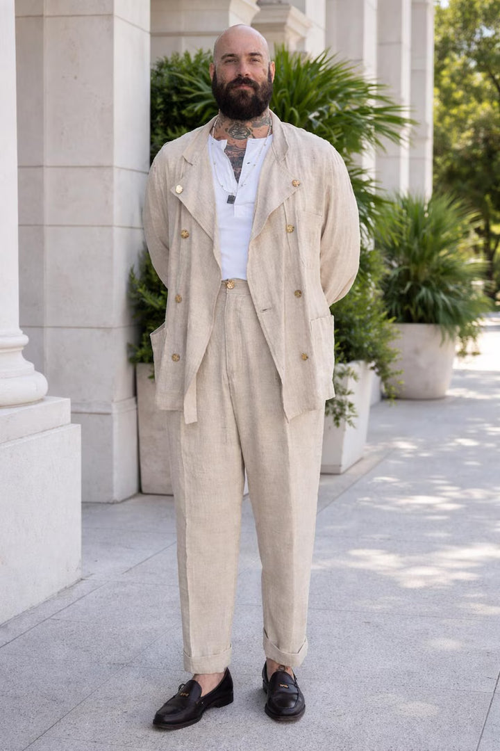 Men's Beige Linen Double Breasted Suit Set – Vintage Style Relaxed Fit Summer Wedding Outfit