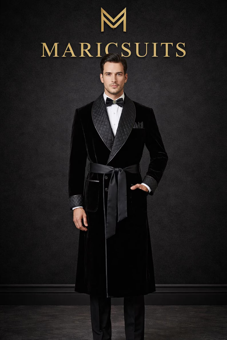 Luxury Velvet Smoking Jacket Men, Black Tuxedo Robe, Groom Wedding Suit, Formal Evening Wear, Custom Made Mens Suit by Maricsuits