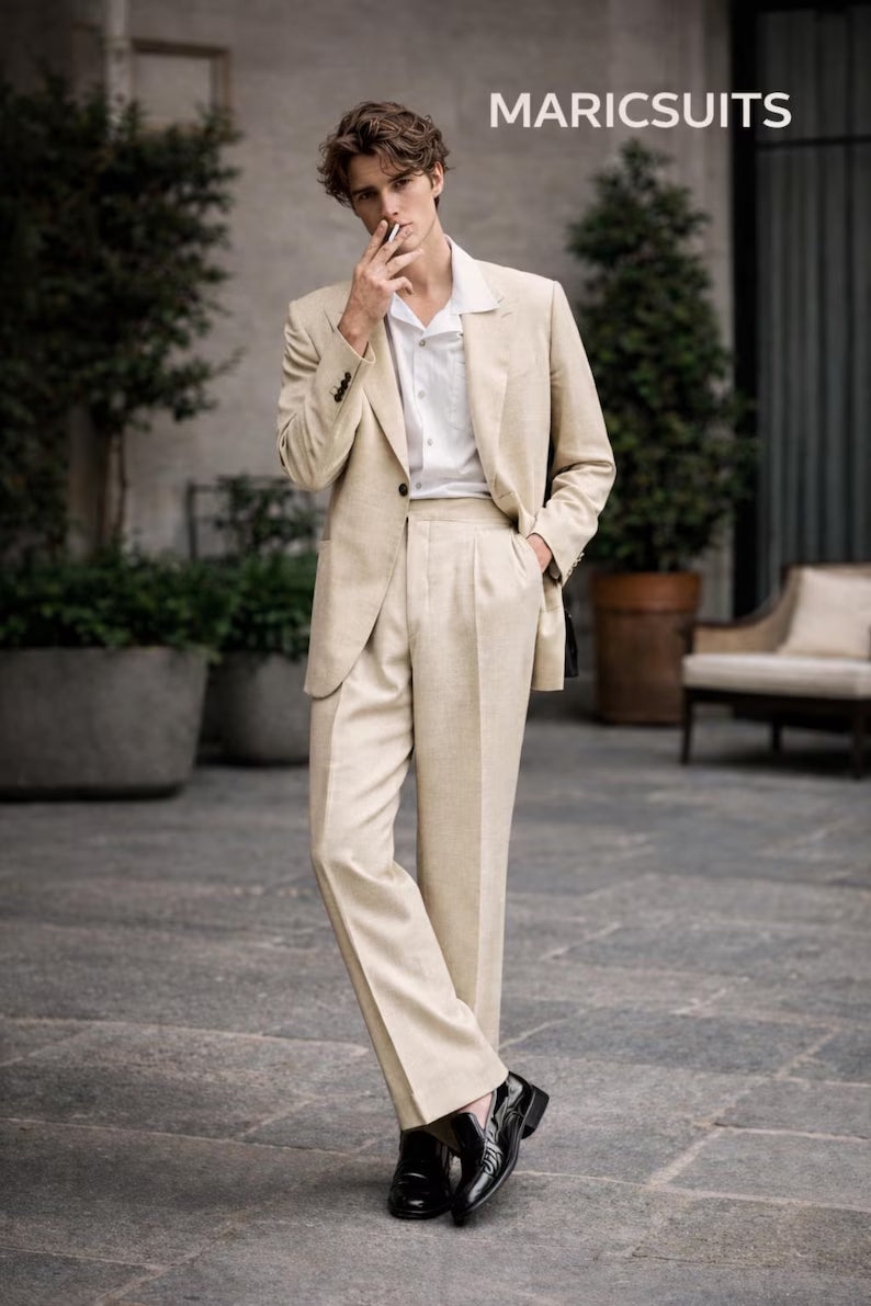 Men's Beige Linen Suit, Summer Wedding Groom Attire, Tailored 2 Piece Outfit