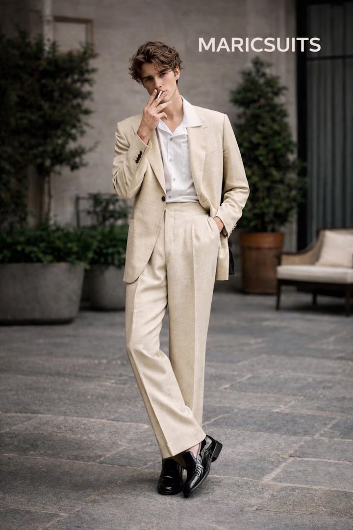Men's Beige Linen Suit, Summer Wedding Groom Attire, Tailored 2 Piece Outfit