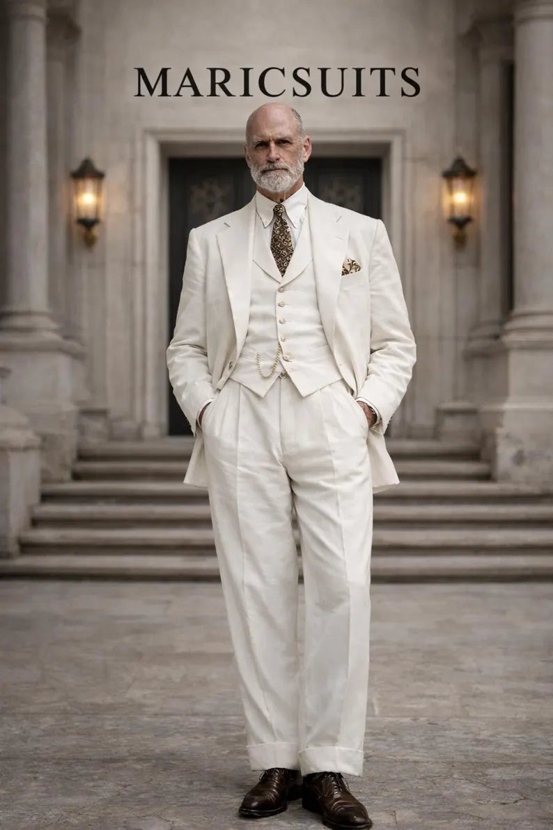 Men's Cream Linen 3 Piece Suit | Vintage Wedding Groom Old Money Style