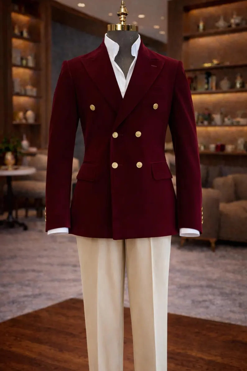Burgundy Velvet Double Breasted Suit, Men's Formal Wedding Groom Outfit