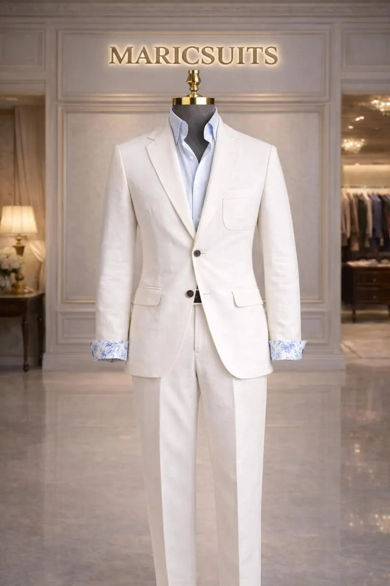 Men's White Linen Suit | Lightweight Breathable Tailored Groom Wedding Suit