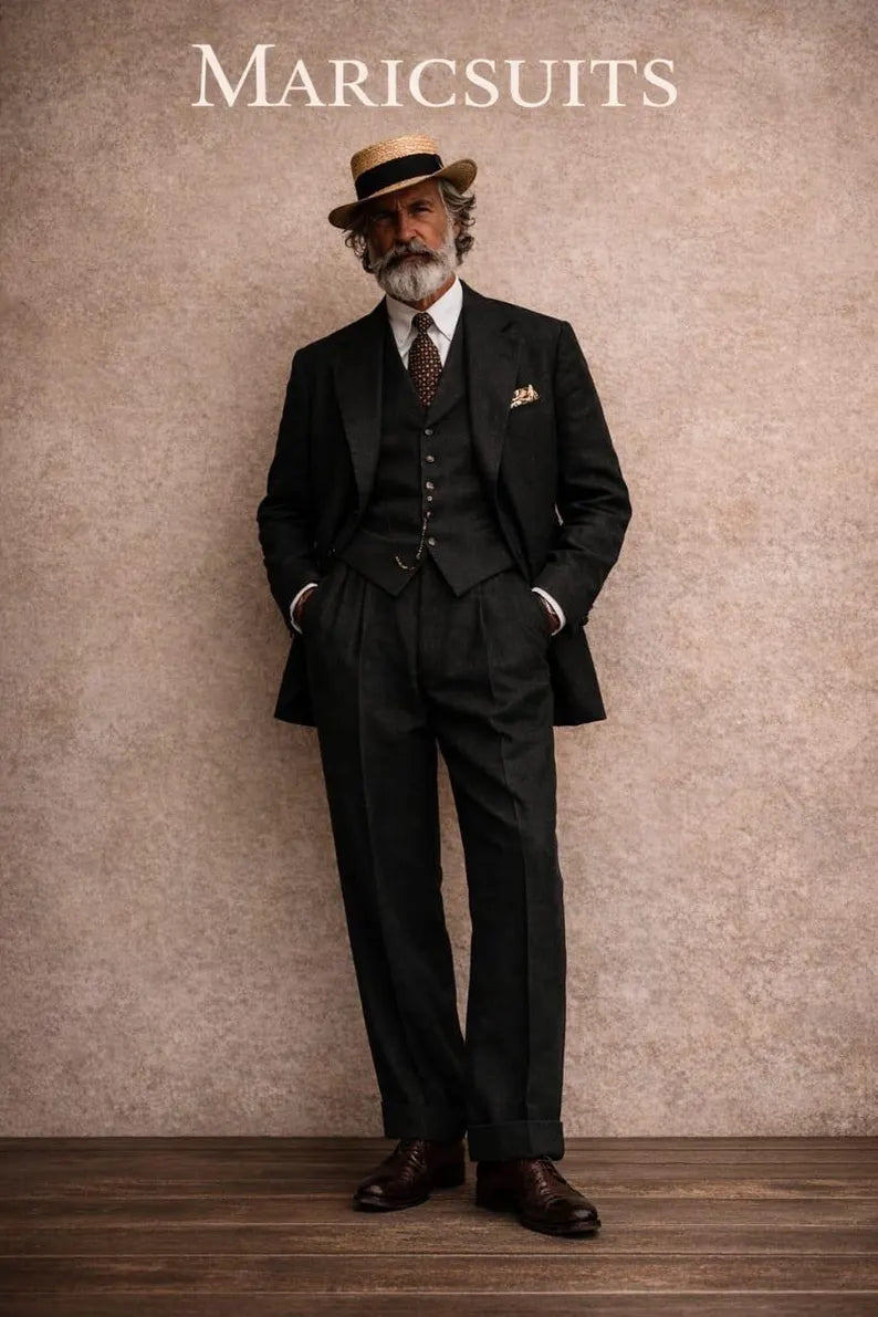 Vintage 3 Piece Men's Linen Suit, Retro Gentleman Wedding Outfit By Maricsuits