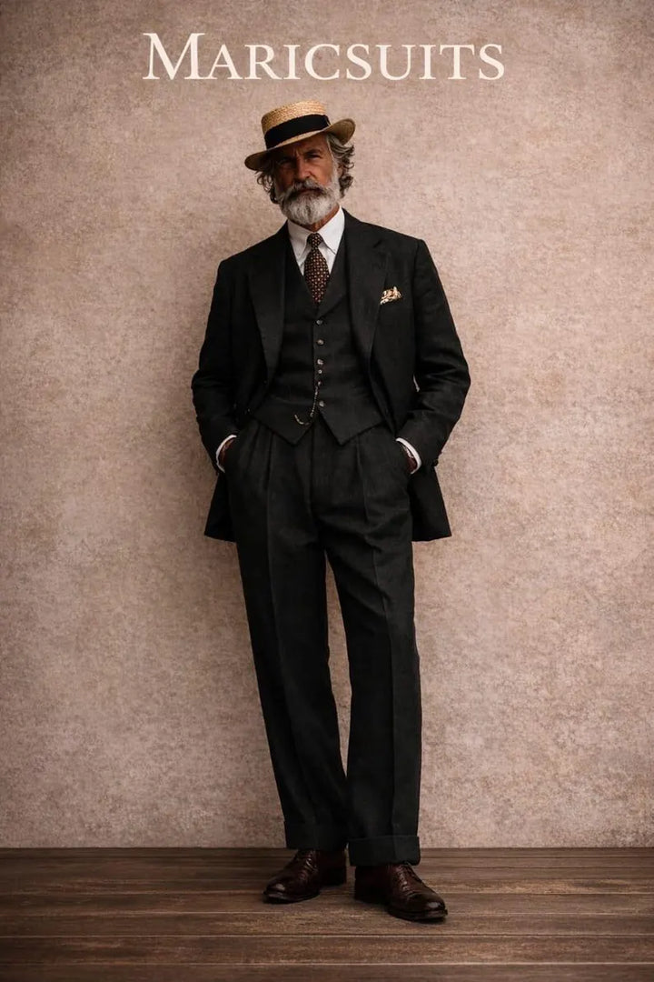 Vintage 3 Piece Men's Linen Suit, Retro Gentleman Wedding Outfit By Maricsuits