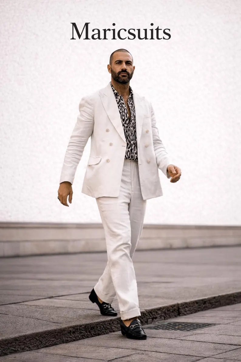 Men's White Linen Double-Breasted Suit – Custom Tailored Summer Wedding Outfit