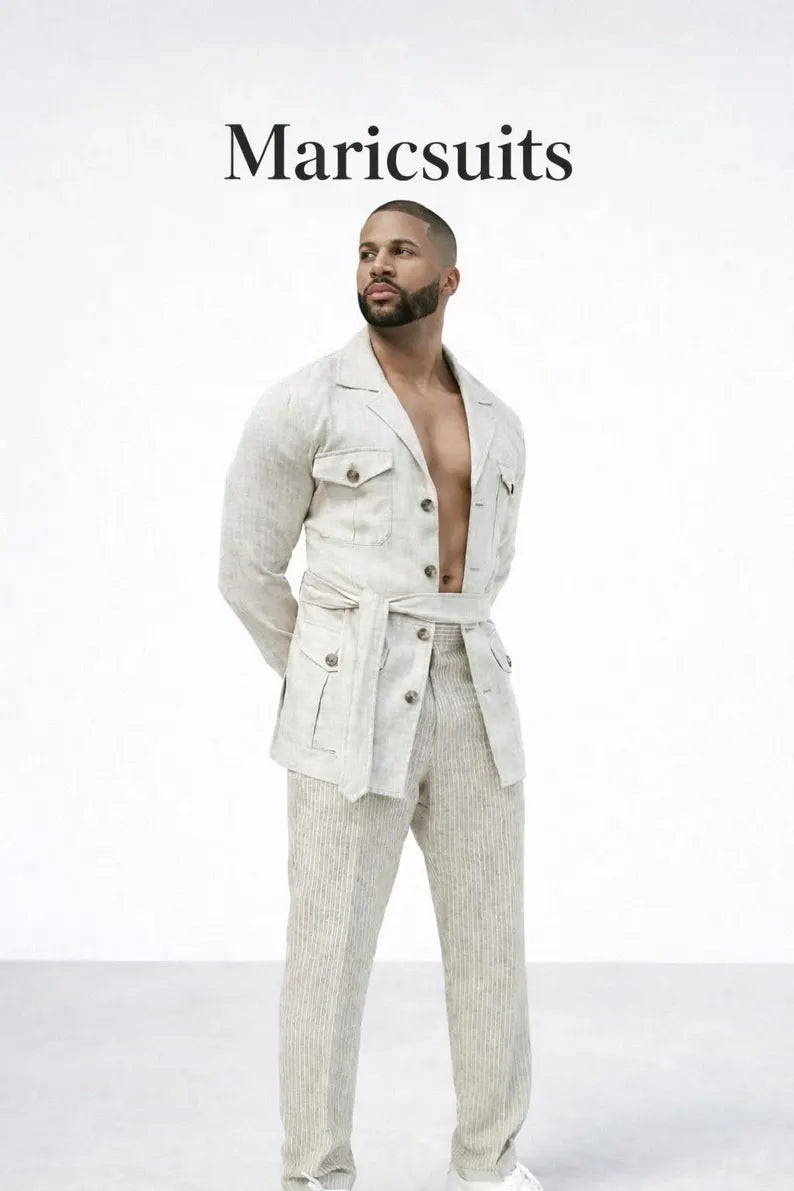 Men's Beige Linen Safari Suit, Custom Tailored Summer Wedding Vacation Outfit