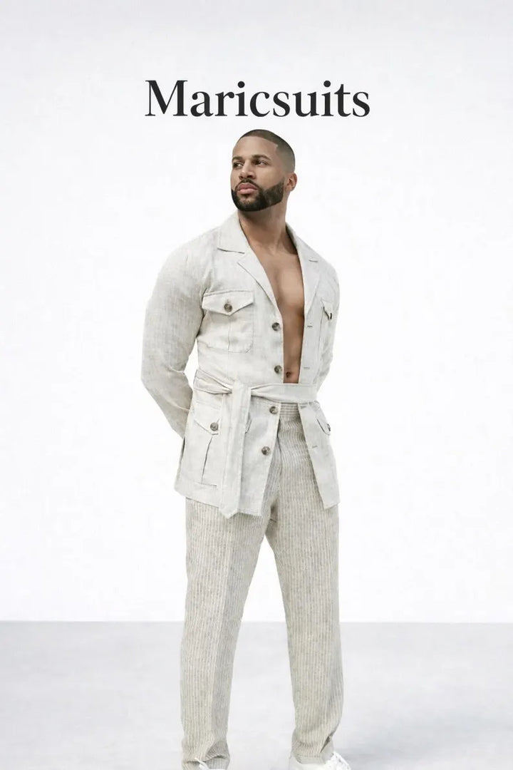 Men's Beige Linen Safari Suit, Custom Tailored Summer Wedding Vacation Outfit