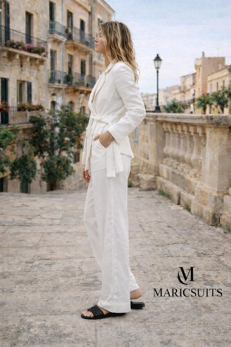 White Linen Pantsuit Set – Loose Fit Blazer, Summer Vacation Co-Ord