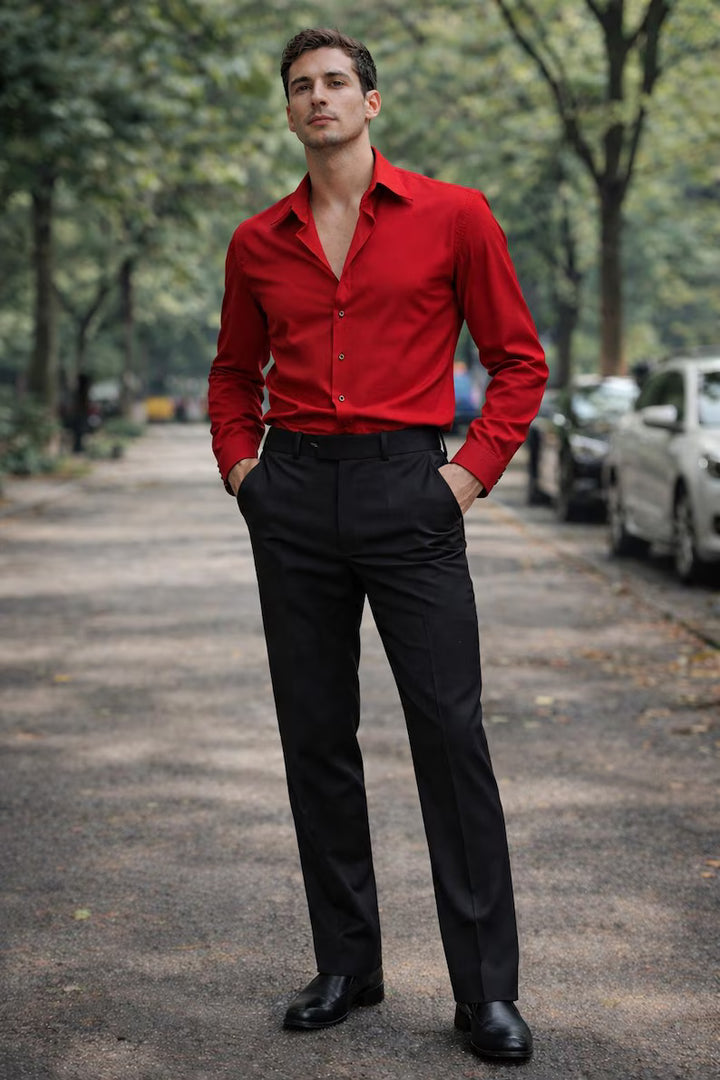 Men's Red Shirt Black Trousers Slim Fit Outfit – Modern Party Formal Wear