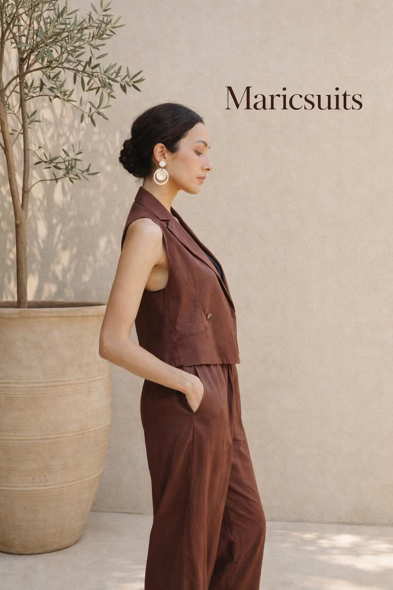 Brown Linen Vest and Wide Leg Pants Set, Minimalist Summer Outfit