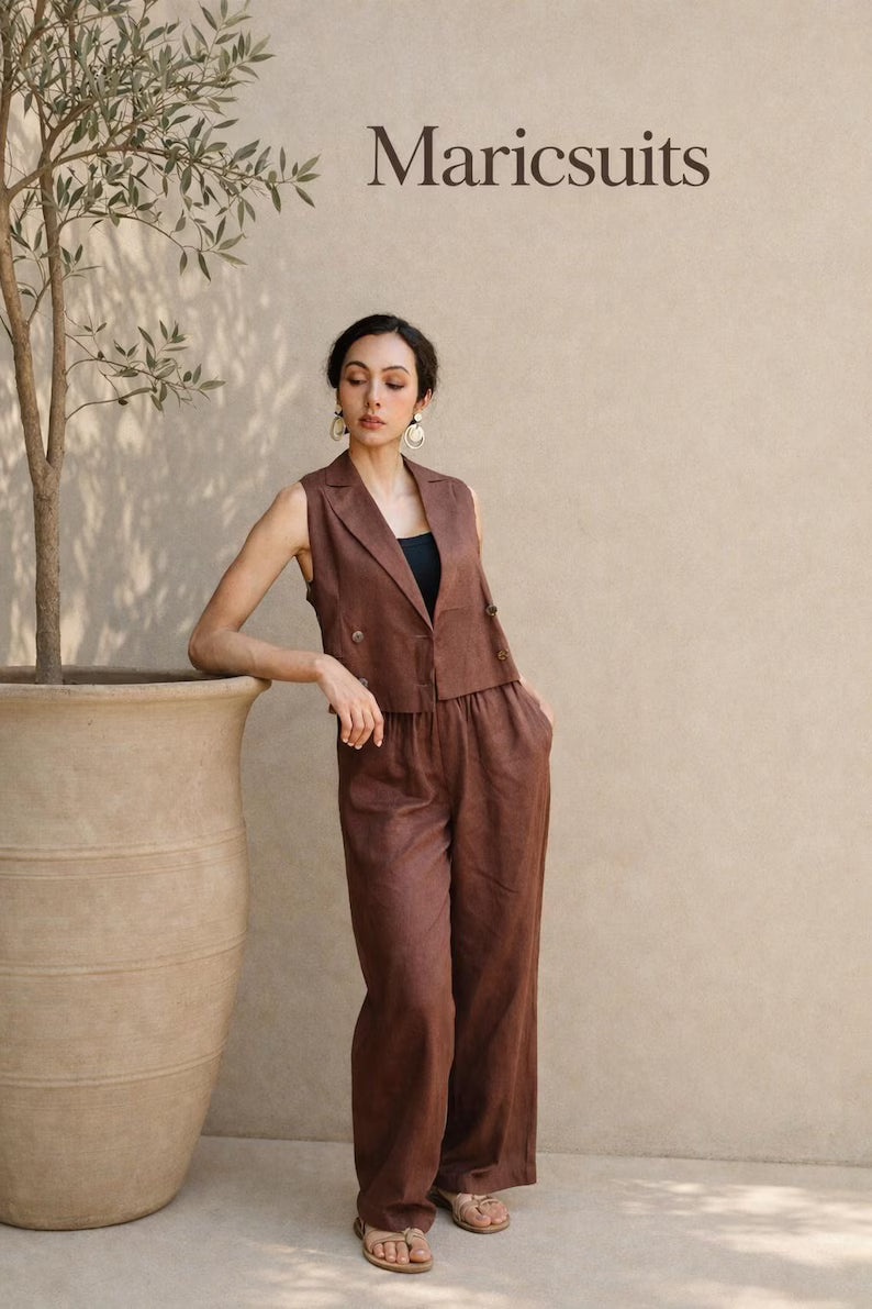 Brown Linen Vest and Wide Leg Pants Set, Minimalist Summer Outfit