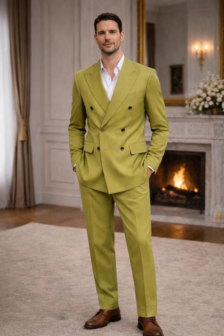 Olive Green Double Breasted Suit, 2 Piece Men's Formal Wedding Outfit By MARICSUITS