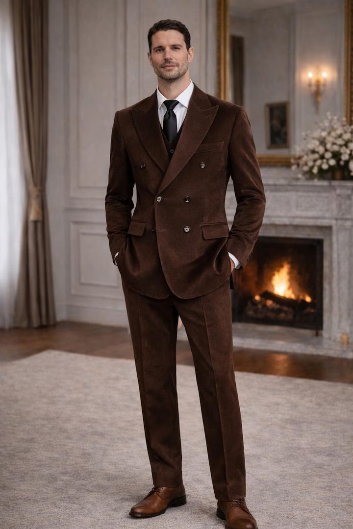 Men's Dark Brown Velvet Double Breasted Suit, Wedding Groom Formal Wear, Maricsuits