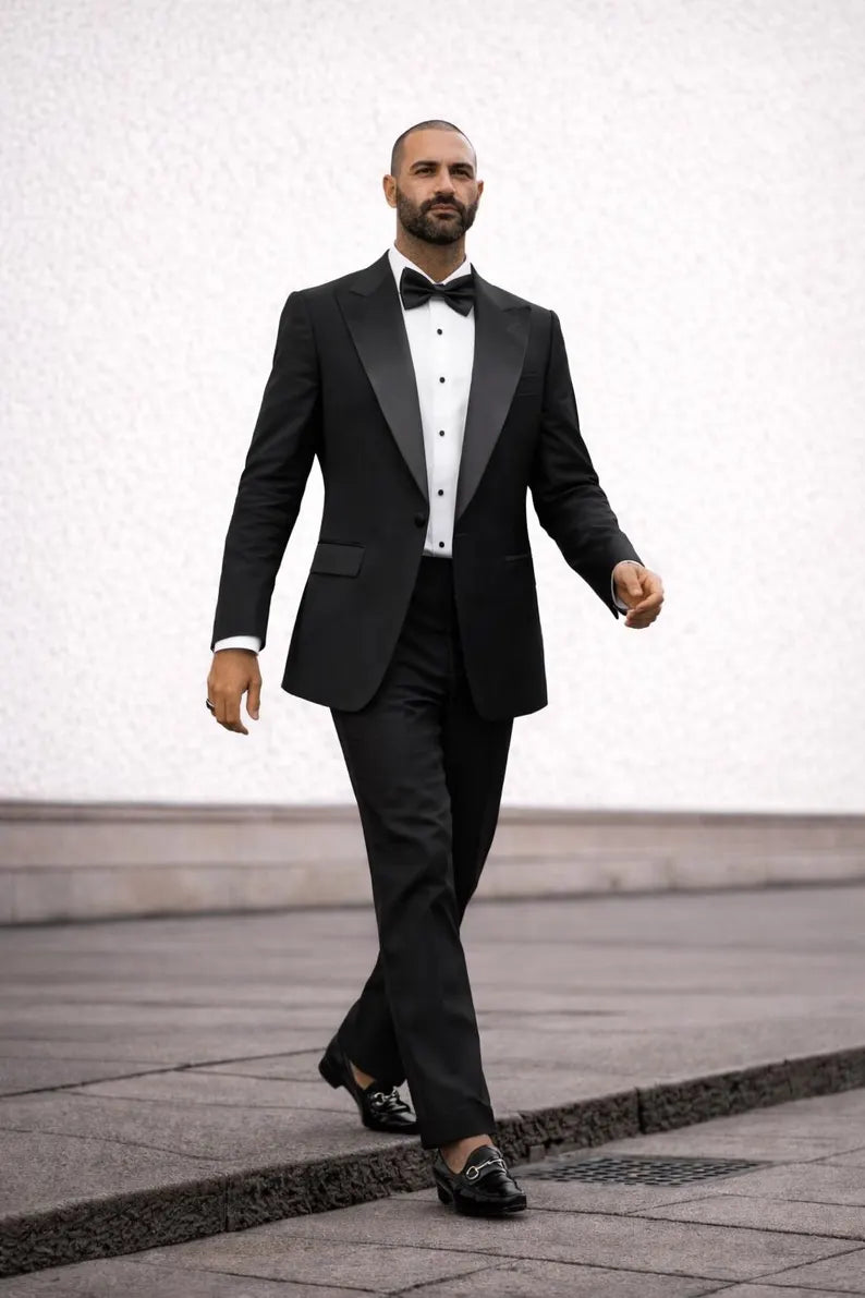 Men's Black Tuxedo Suit, Slim Fit Satin Peak Lapel, Wedding Groom Prom Outfit
