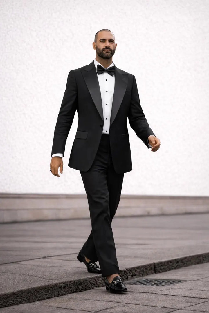 Men's Black Tuxedo Suit, Slim Fit Satin Peak Lapel, Wedding Groom Prom Outfit