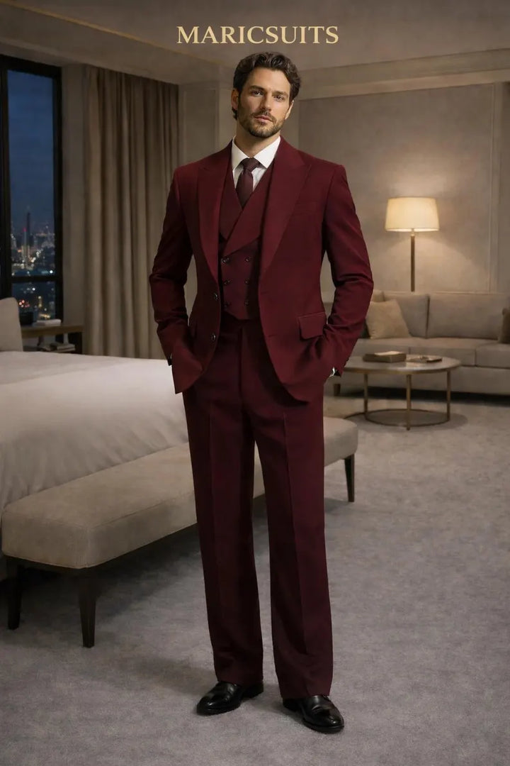Burgundy Three Piece Suit Men, Slim Fit Wedding Formal Tuxedo Set
