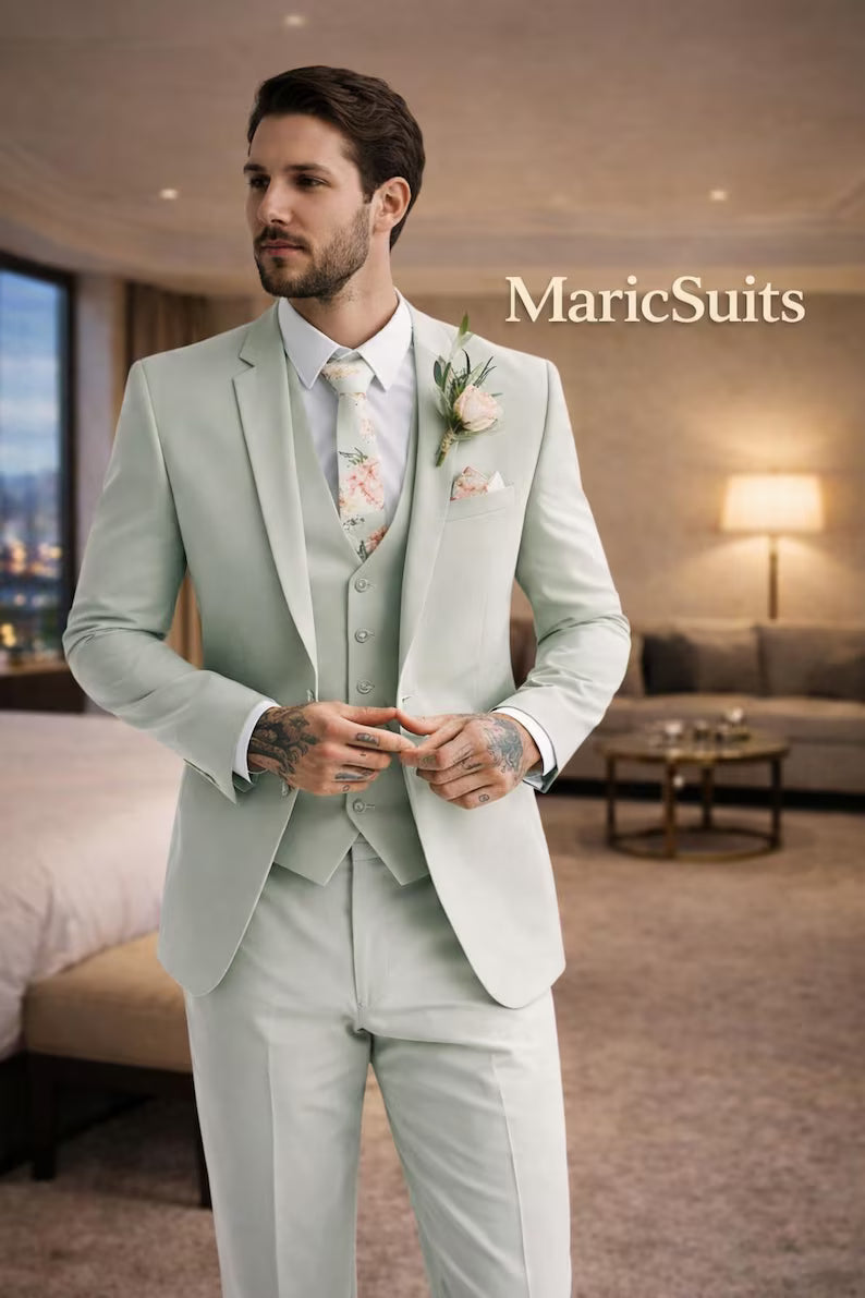 Sage Green 3 Piece Wedding Suit, Custom Fit Groom Tuxedo, Pastel Formal Men's Attire
