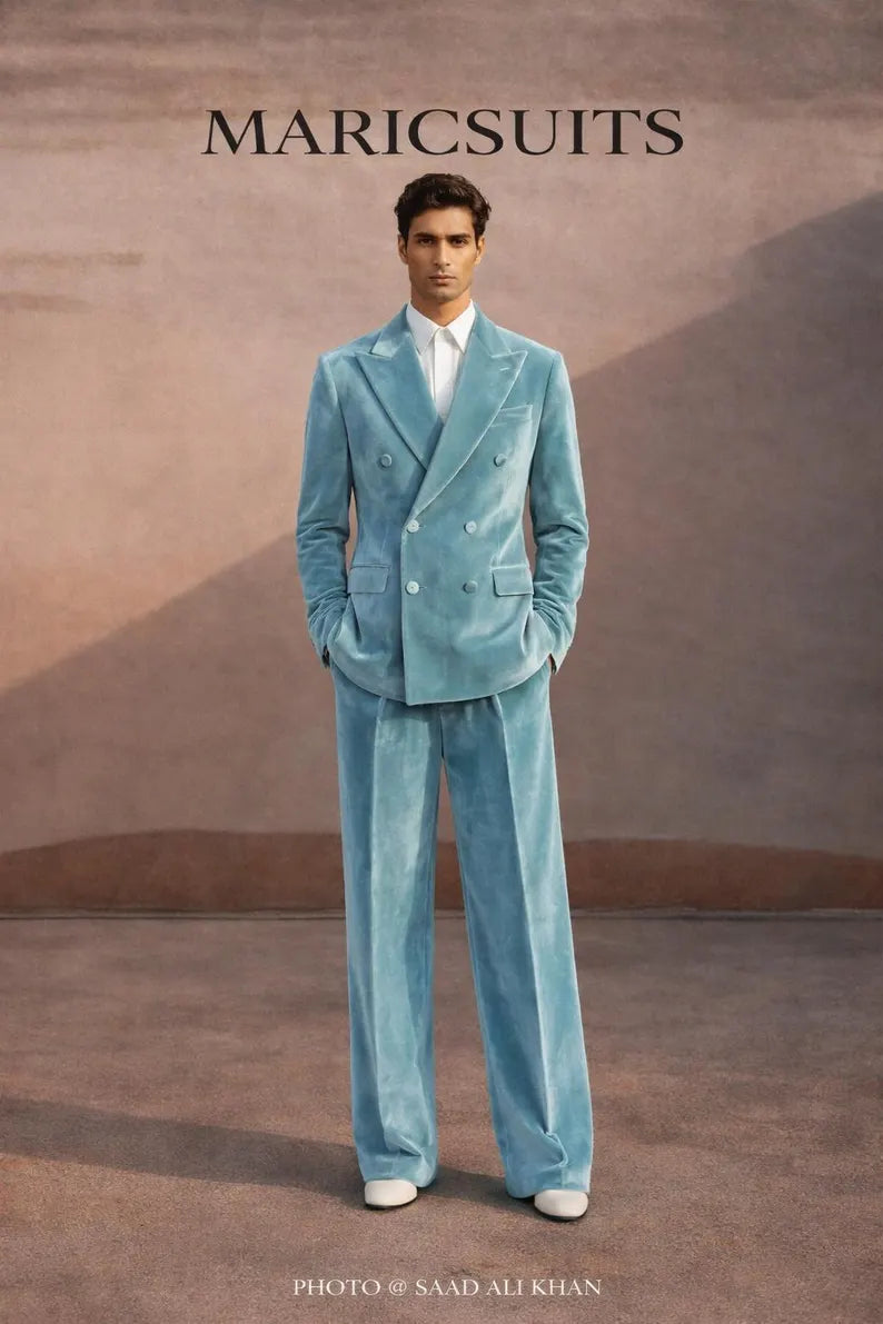 Sky Blue Velvet Double Breasted Suit Men Wide Leg Trousers – Luxury Menswear