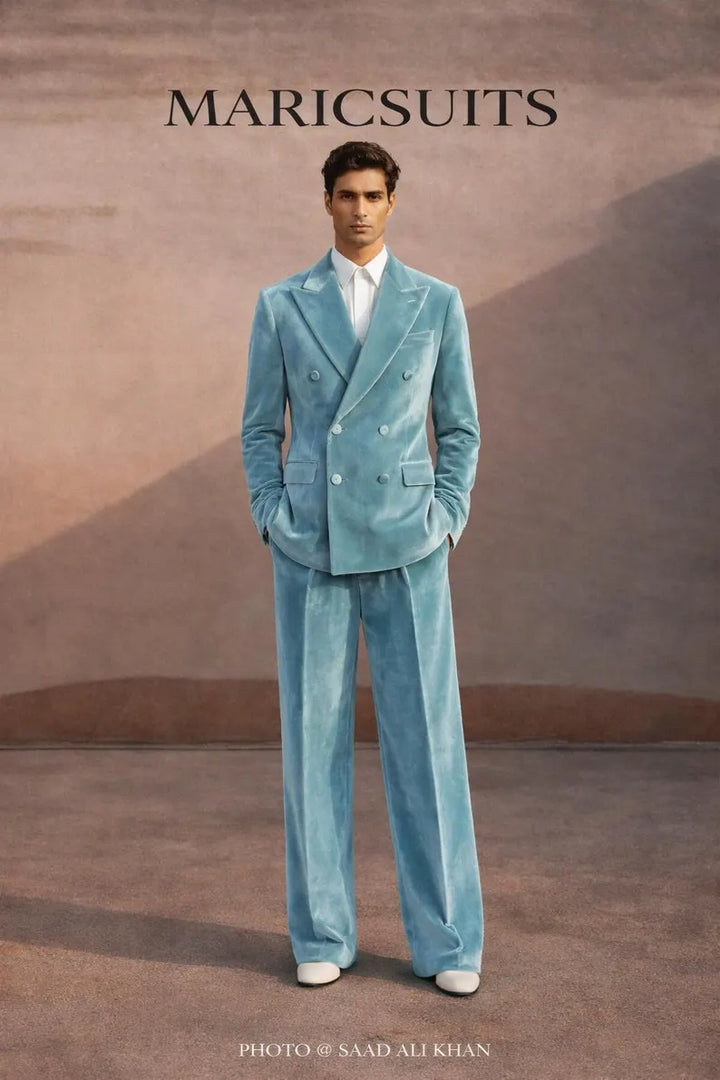 Sky Blue Velvet Double Breasted Suit Men Wide Leg Trousers – Luxury Menswear