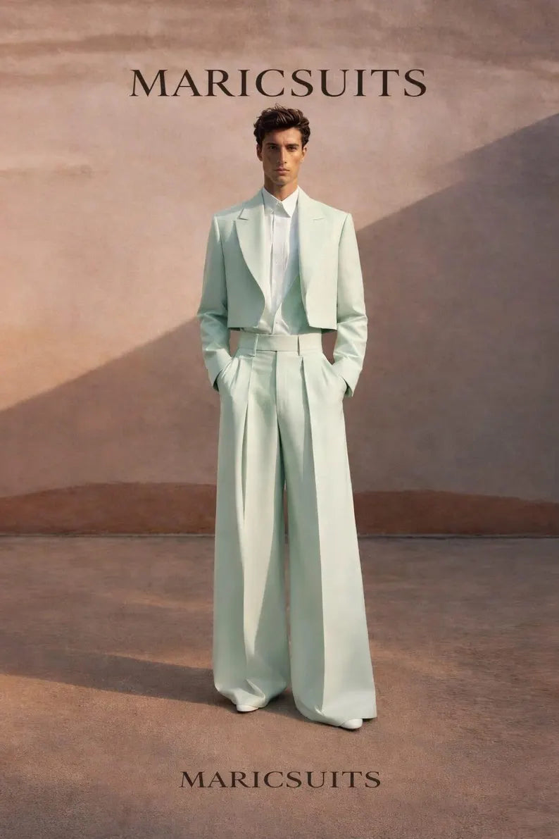 Mint Green Cropped Blazer Wide Leg Pants Suit, Modern Tailored Statement Outfit