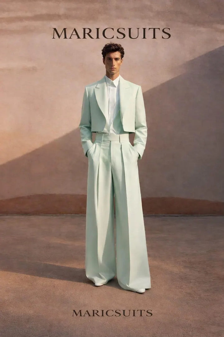 Mint Green Cropped Blazer Wide Leg Pants Suit, Modern Tailored Statement Outfit