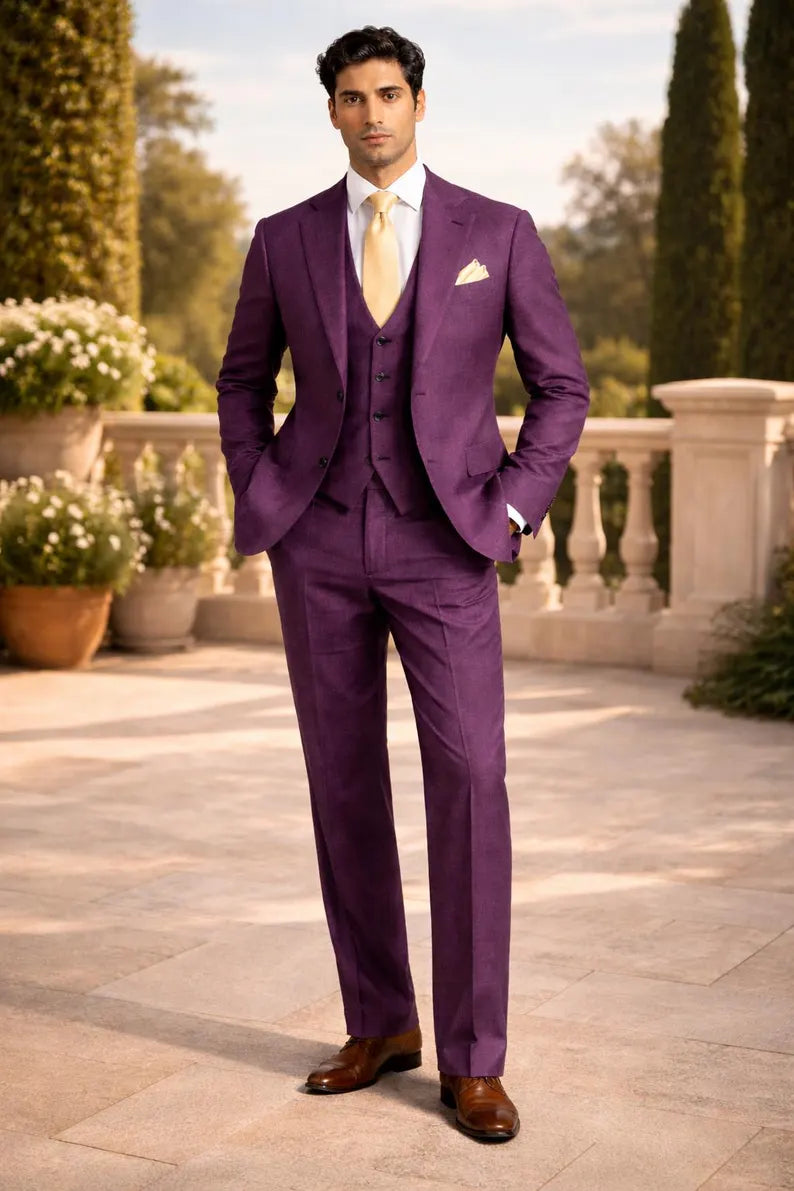 Men's Purple Linen 3-Piece Suit: Wedding, Groom, Lightweight Formal Custom Made