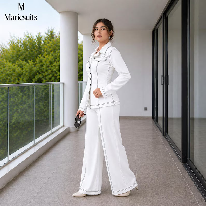 Women White Linen Suit Set, Tailored Blazer, Wide Leg Pants, Contrast Stitch Outfit