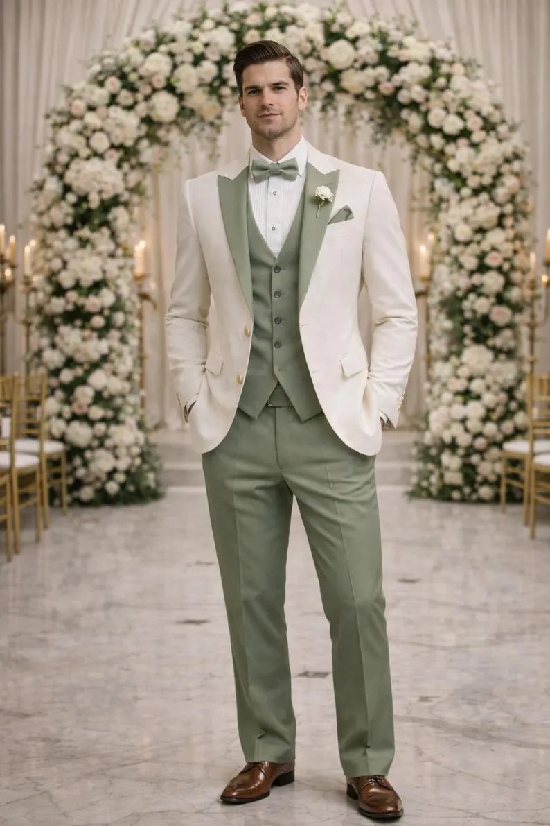 Men's Sage Green Cream Wedding Suit, 3-Piece Tailored Formal Groom Groomsmen Outfit