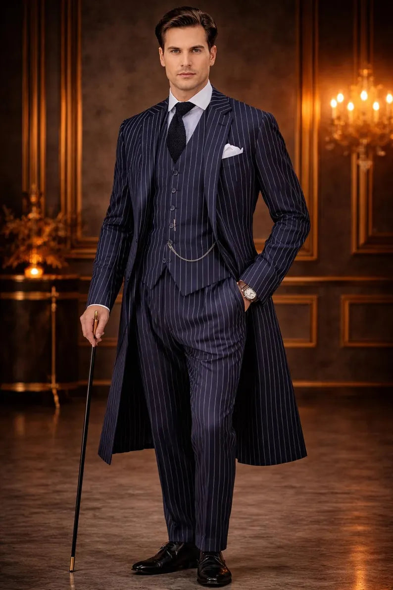 Men's Navy Pinstripe 4-Piece Tailcoat Suit | Formal Wedding Groom Outfit