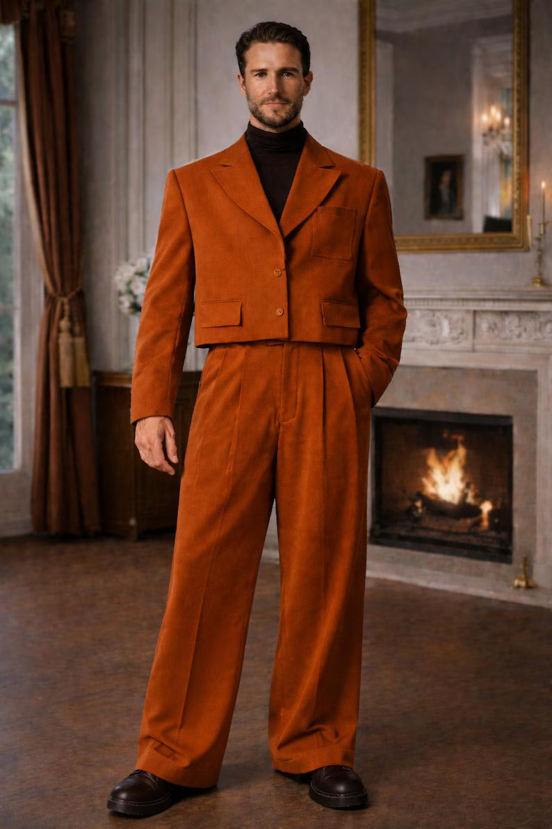 Rust Orange Cropped Jacket Suit | Vintage Style Wide-Leg Trousers, Modern Retro Outfit