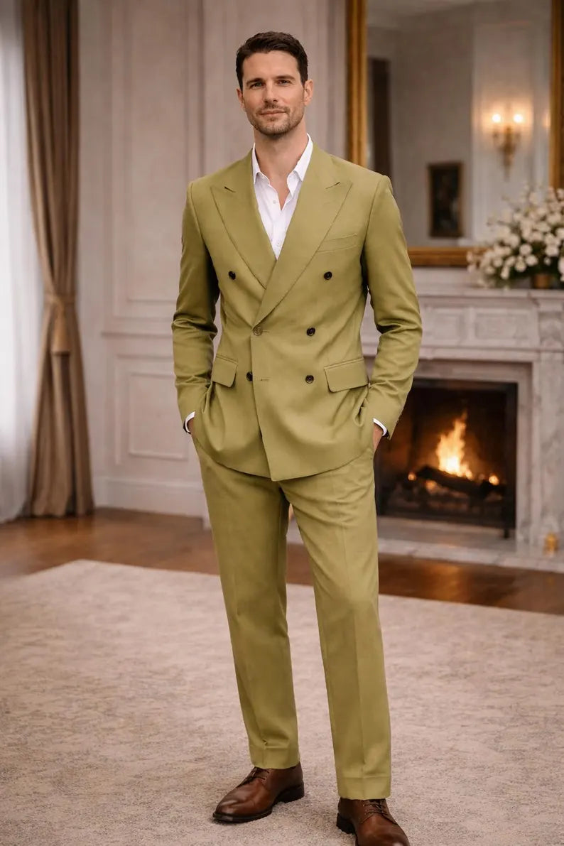 Light Olive Double Breasted Suit | Men's Formal Wedding Groom Outfit