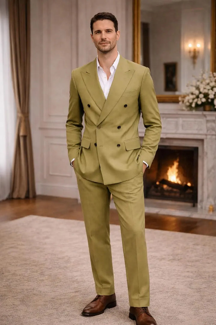 Light Olive Double Breasted Suit | Men's Formal Wedding Groom Outfit