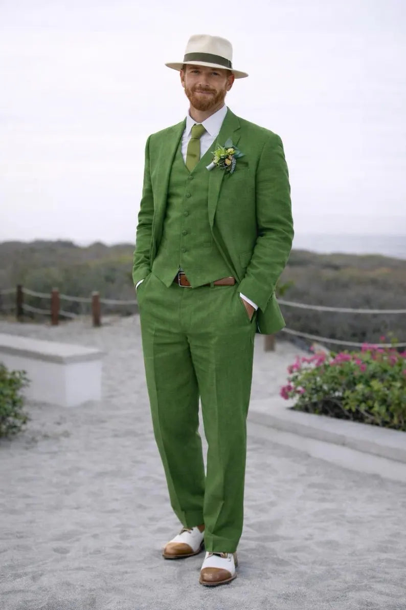 Men's Emerald Green Linen 3 Piece Suit, Wedding Groom Outfit, Summer Tailoring By MARICSUITS