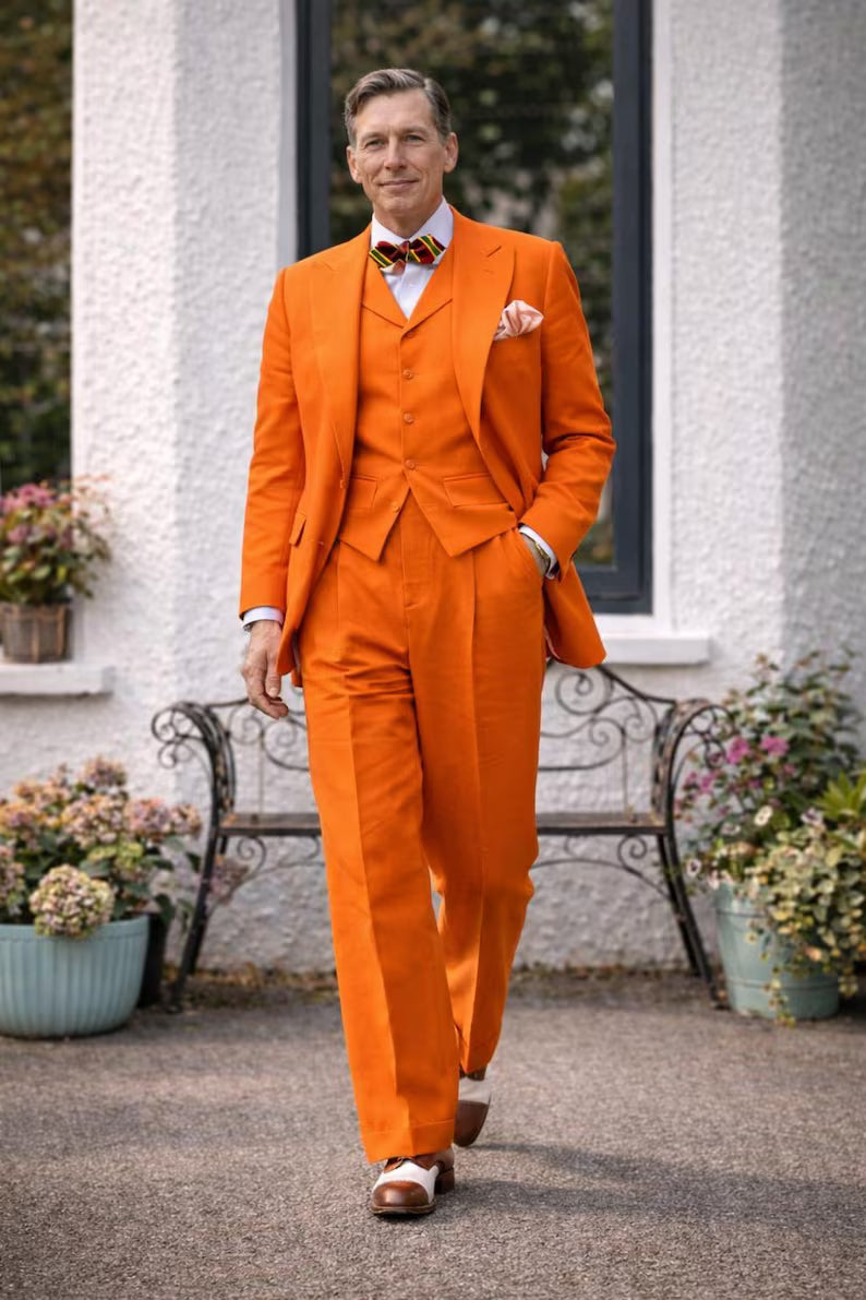 Men's Orange Linen 3 Piece Suit, Wedding Groom, Burnt Orange Summer Outfit, MARICSUITS