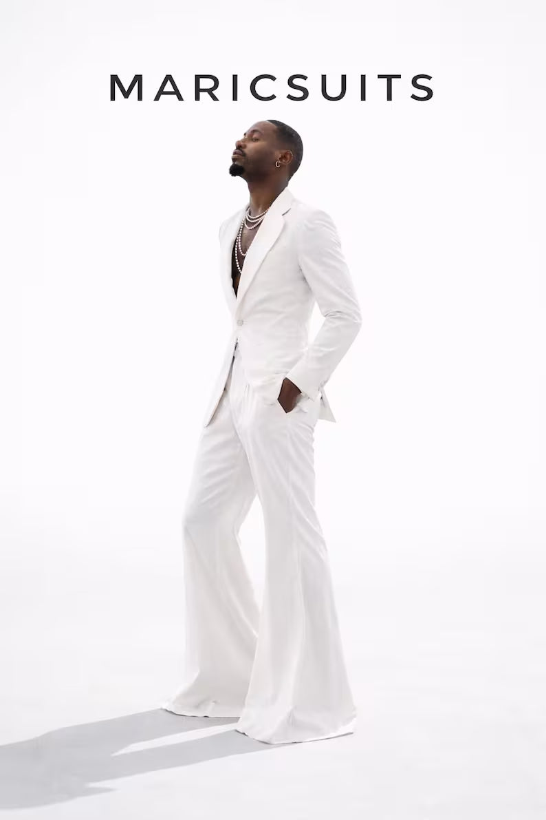 Men's White Wide Leg Suit, Wedding Groom Formal Prom Outfit