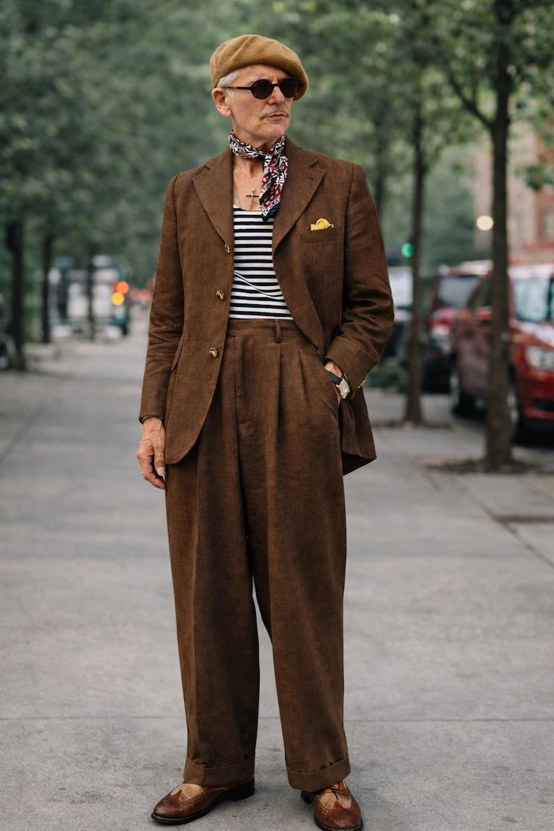 Men's Brown Linen 3-Piece Suit, 1920s Gatsby Style, Retro Wedding Outfit