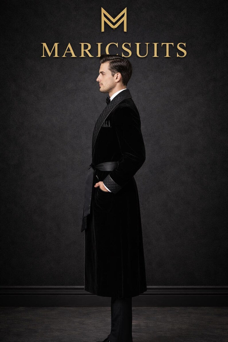 Luxury Velvet Smoking Jacket Men, Black Tuxedo Robe, Groom Wedding Suit, Formal Evening Wear, Custom Made Mens Suit by Maricsuits