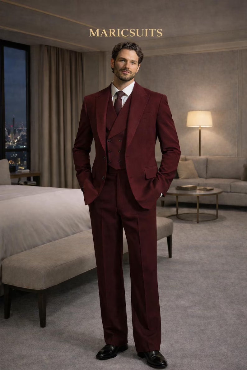Men's Burgundy 3-Piece Suit, Slim Fit Double Breasted Vest Formal Wedding Party Wear