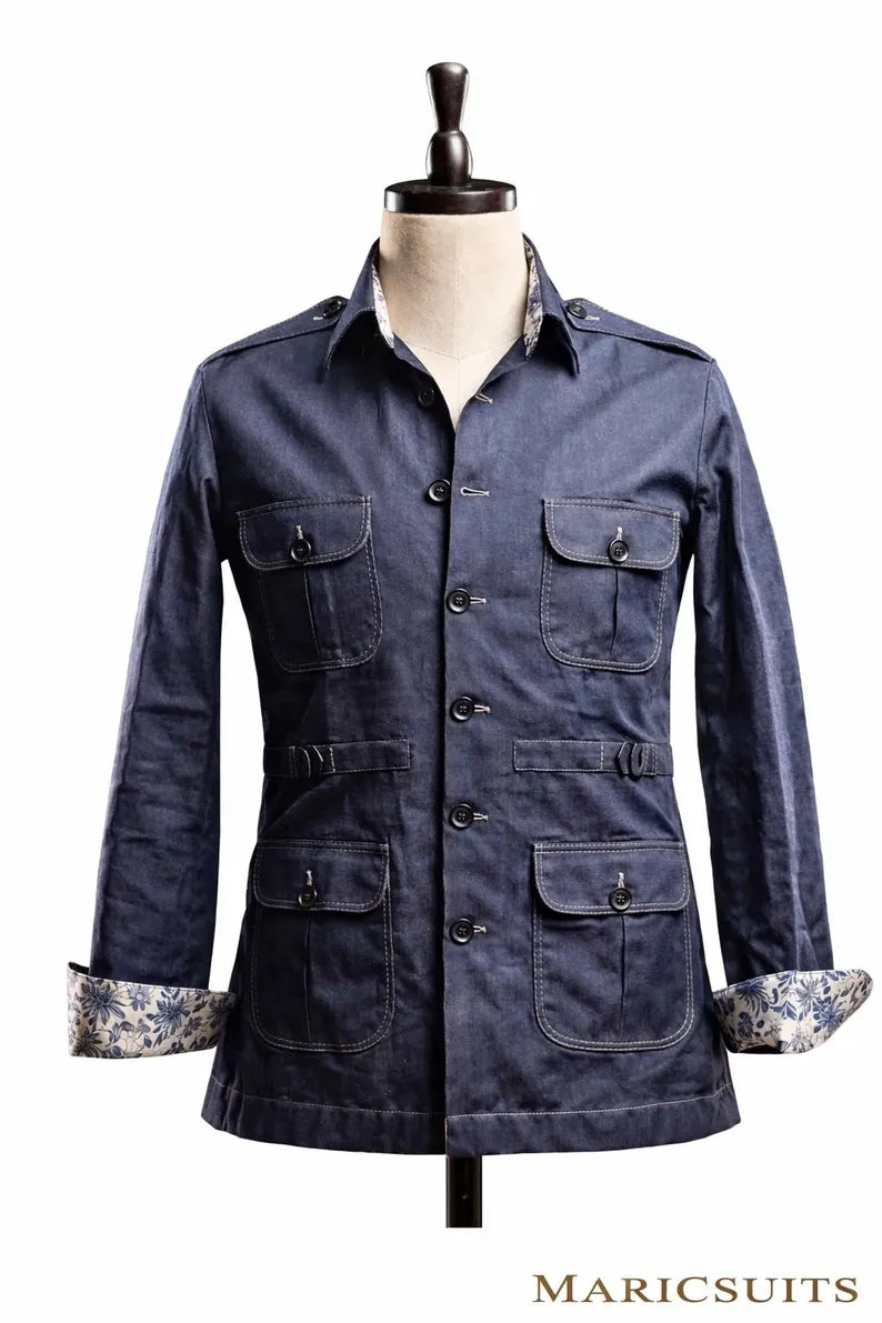 Navy Blue Safari Jacket, Pure Linen Utility Style, Custom Tailored Men's Wear