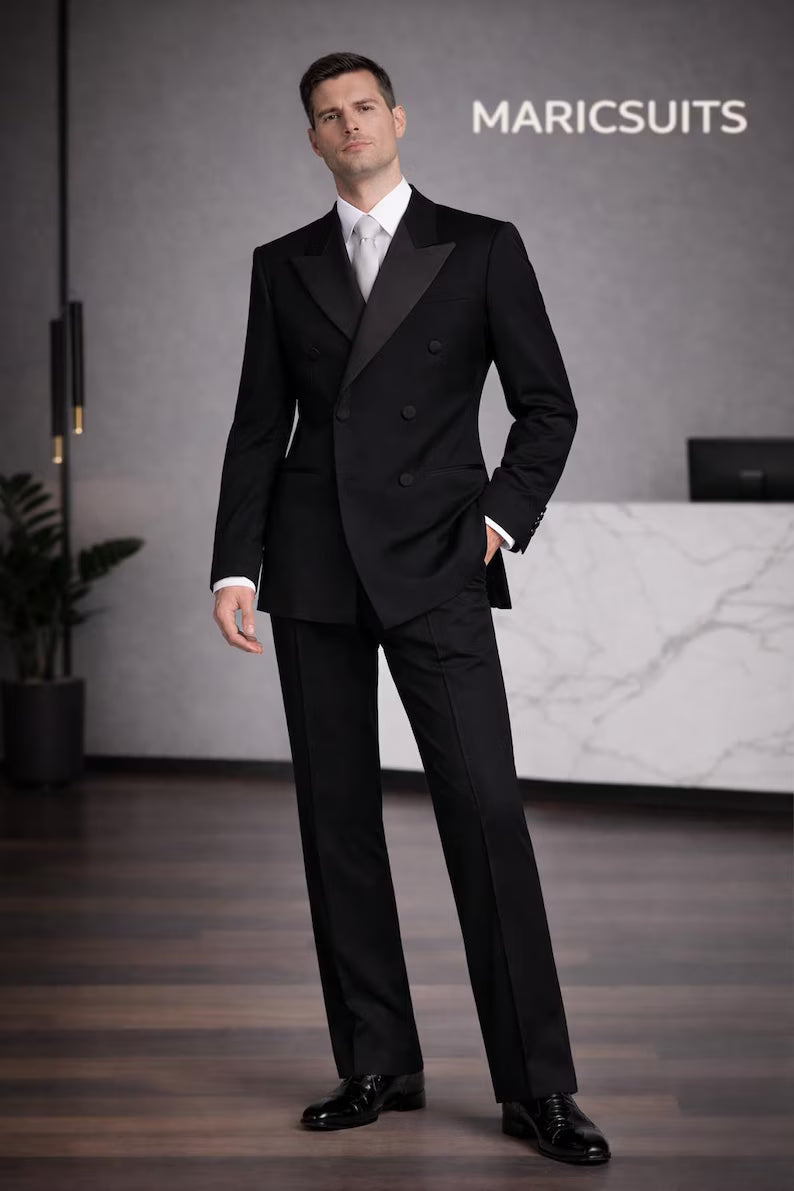 Men's Black Double Breasted Tuxedo Style Suit, Tailored Fit Blazer Set