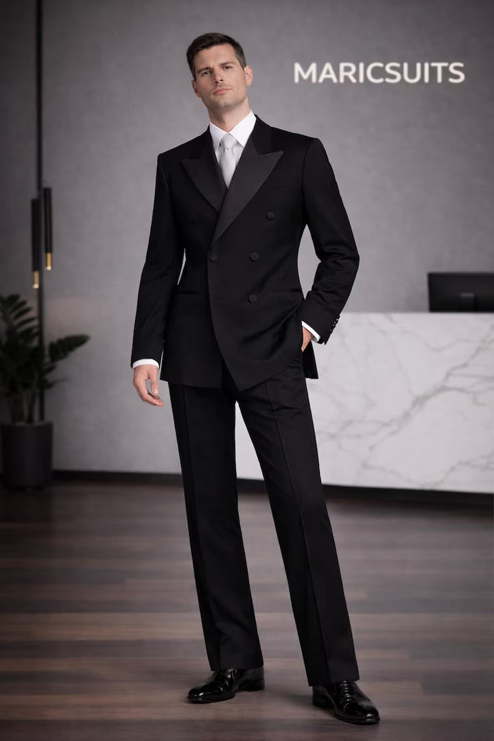Men's Black Double Breasted Tuxedo Style Suit, Tailored Fit Blazer Set