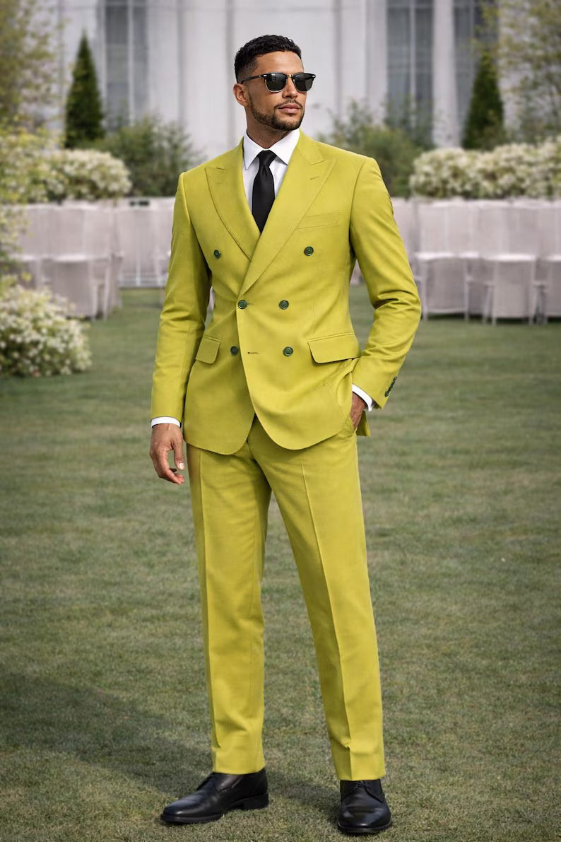 Lime Green Double Breasted Suit, 2 Piece Men's Wedding Prom Tailored Outfit