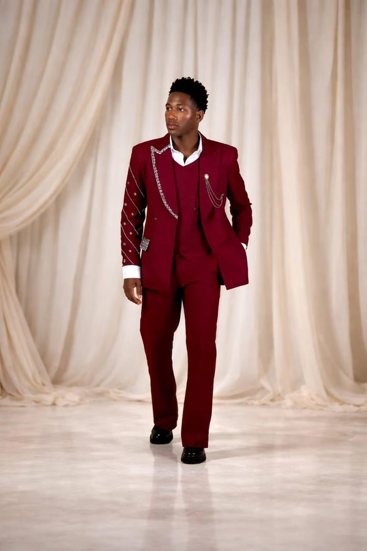 Red Embroidered Tuxedo Suit, 3 Piece Wedding Groom Prom Outfit