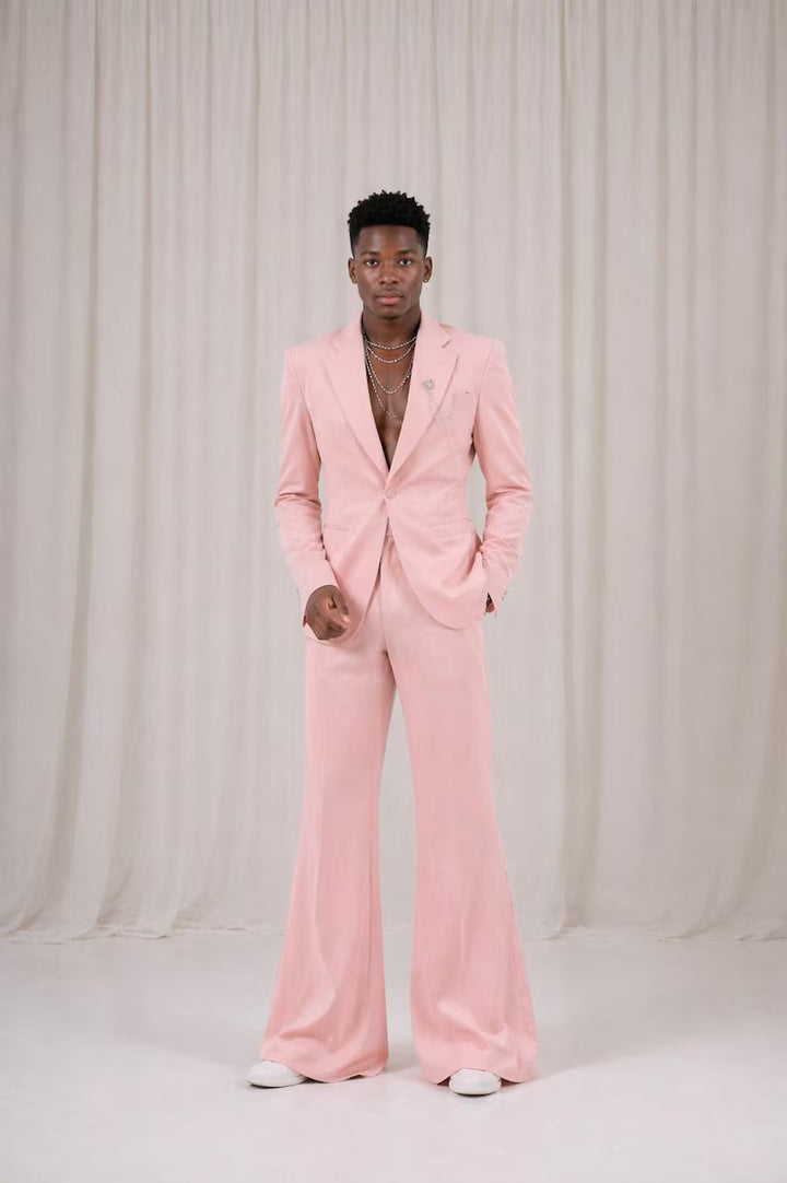 Blush Pink Lyra Wedding Suit, Flared Trousers, Stacey Lycra Fabric, Custom Tailored Formal Wear